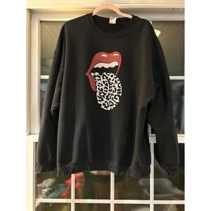 Rolling Stones Sweatshirt Leopard Animal Print Lips Tongue Logo Black 2XL Gildan